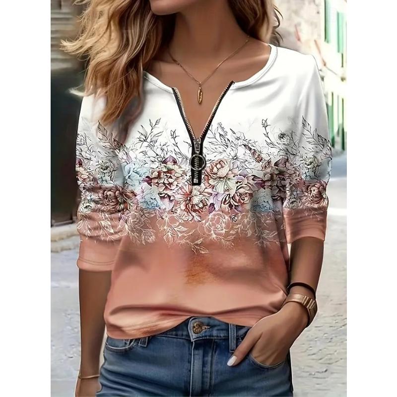 Easter Women's T Shirt Long Sleeve Quarter Zip Long Sleeve Casual Floral Graphic Elegant Vintage Stylish V Neck Regular Tops