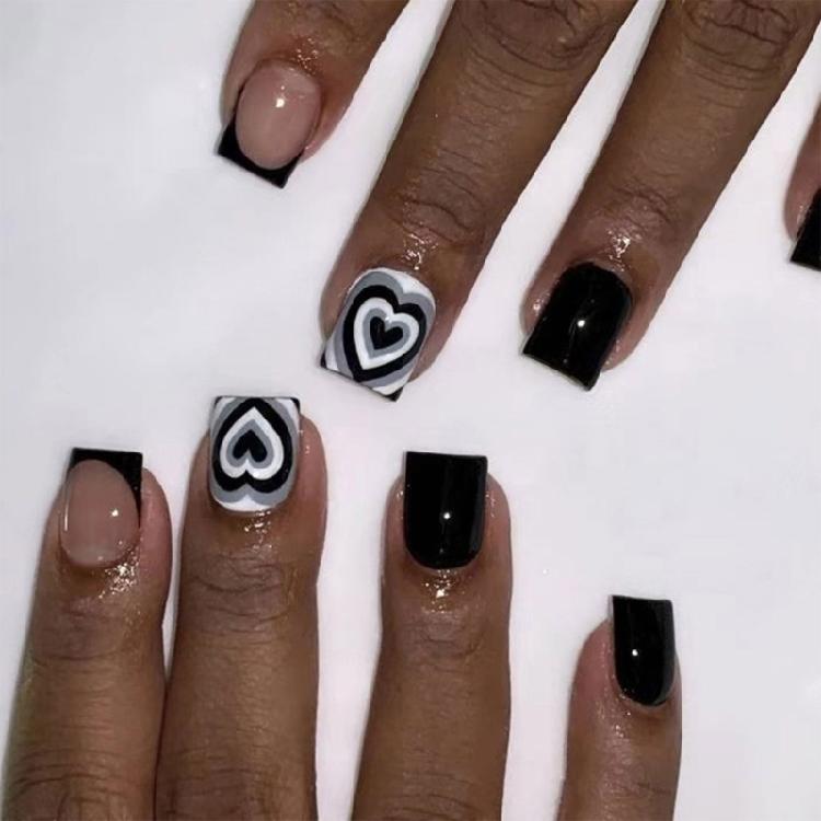 

Valentine s Day Press On Nail Short Square False Nail Black White Heart Designs Stick on Nail Artificial Nail 24Pcs 1