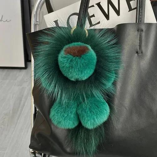 Cute Real Rex Rabbit Fur Simba Lion Bag Charm Car Key Charm Metal Ring Ornaments Kids Birthday Gift 240112