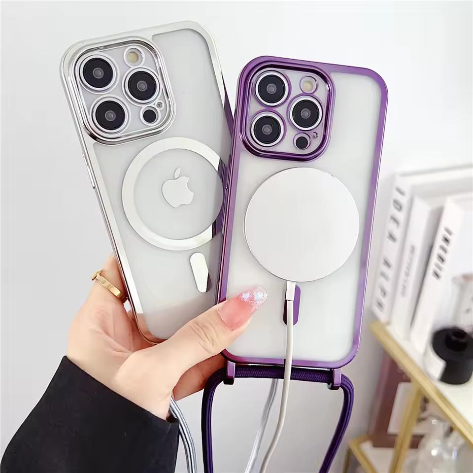 Luxusní šňůrka na krk Lanyard Pokovování Magnetický Průhledný Kryt na Telefon Pro iPhone 17 16 15 14 13 12 Pro Max 11 Pro Magsafe Měkký Kryt
