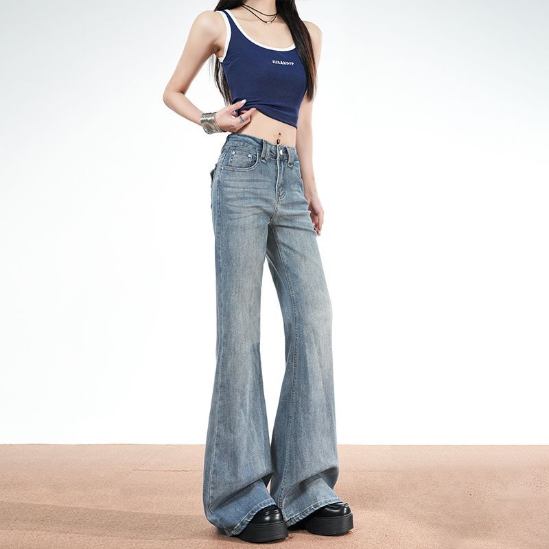 Spring Summer Back Pocket Button Detail Vintage Micro Flare Elegant Slim Fit Denim Pants Women Casual Pants Oversize Denim Trousers