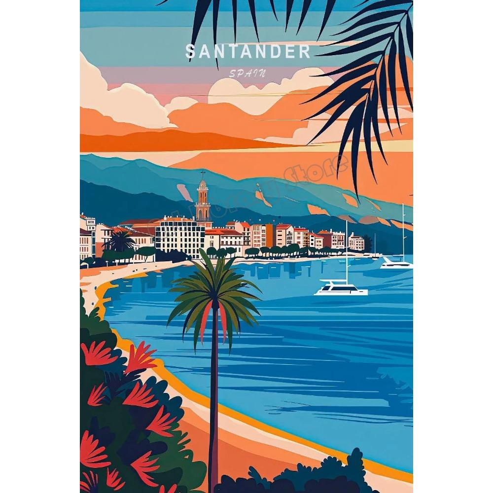 Retro Spain Cityscape Poster Nordic Style Canvas Print Coastal Architecture Art for Wall Decor