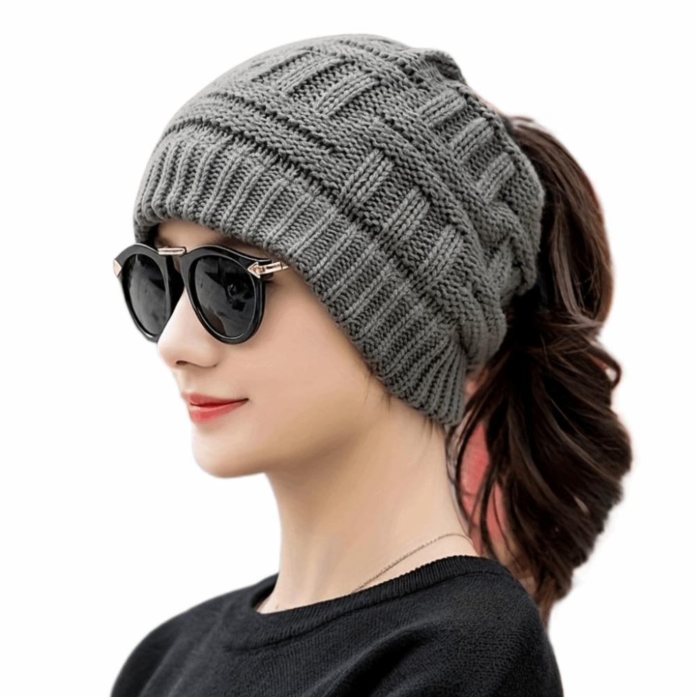 

Warm Knitted Cap Knitted Beanies Hat Fashion Ponytail Winter Hats Ladies сірий