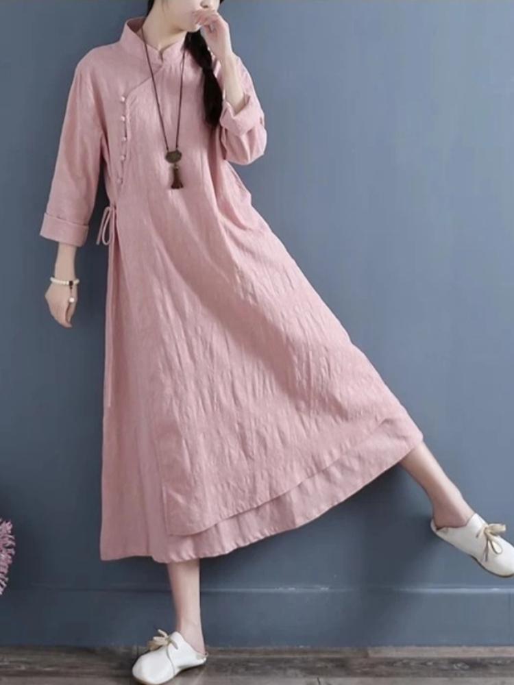 Robe Printemps Femme Vestidos Robe Elbise Lâche Grande Taille Coton Lin Double Couche Longue Robe