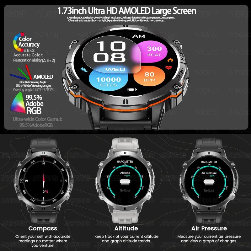 Outdoor Sports Smartwatch 1000mAh Battery 1.73-inch AMOLED Screen Men's Watch Compass 10ATM Waterproof Bluetooth Call Smartwatch