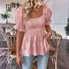 Womens Short Puff Sleeve Square Neck Smocked Peplum Blouse Casual Loose Fit Tiered Ruffle Hem Top for Daily Wear