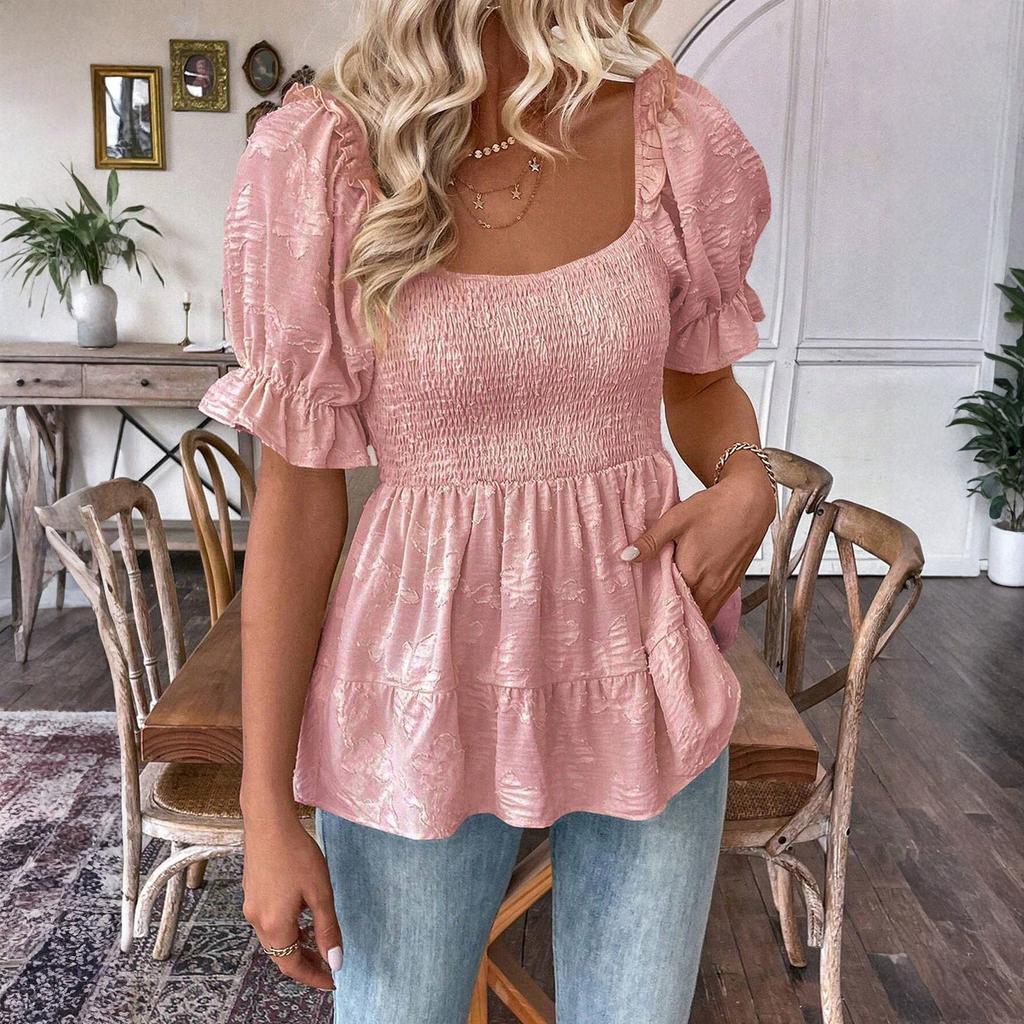 Womens Short Puff Sleeve Square Neck Smocked Peplum Blouse Casual Loose Fit Tiered Ruffle Hem Top for Daily Wear