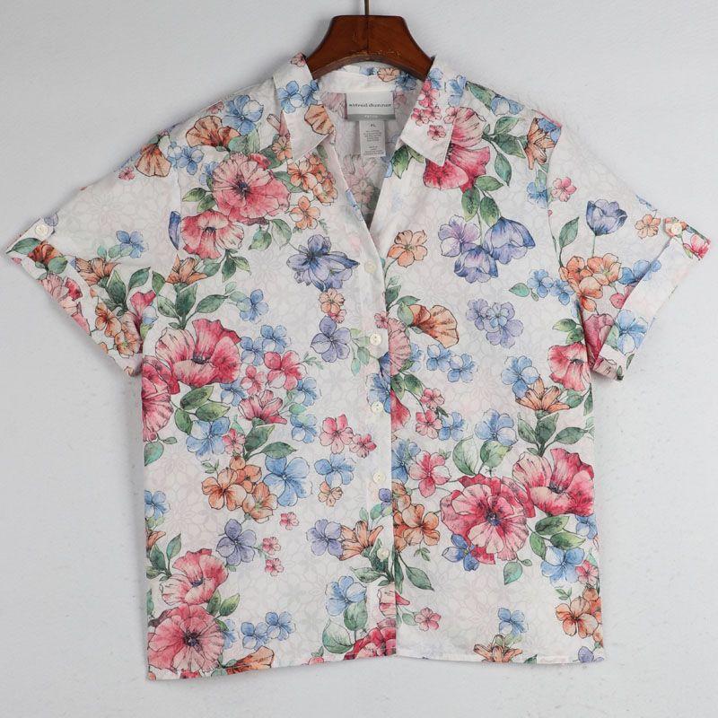 

Sunshine Home Summer New Foreign Trade European and American Plus size women clothing Print Lapel Short sleeve Loose Shirts Thin Flower color L: Bust size 120