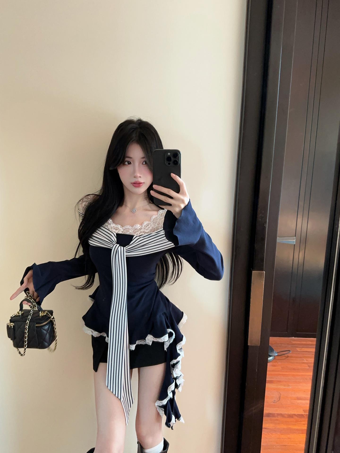 Korean Spicy Girl Vibe Lace-up Patchwork Long Sleeve T-shirt - Slim-Fit, Irregular Design for Autumn/Winter Medium темно-синий