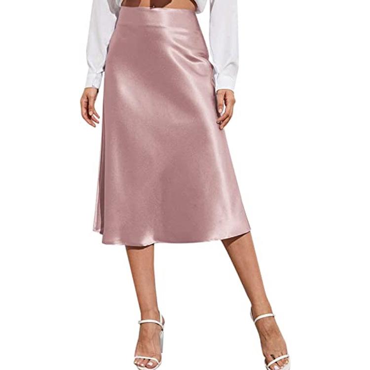 Women's High-Waist Satin Midi Skirt - Elegant Solid Color with Zipper