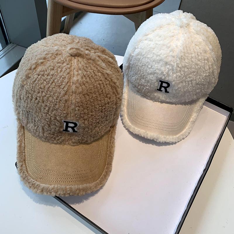 Korean Style Hat for Women In Autumn and Winter R Letter Embroidered Baseball Cap Thickened Plush Warmth Fashionable and Versatile Baseball Cap