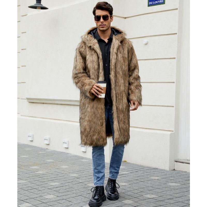 

Mens Faux Fur Coat Long Hooded Open Front Warm Jacket S жёлтый