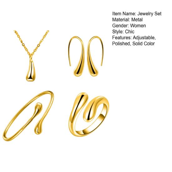 4 Pcs/Set Women Jewelry Set Water Drop Shape Polished Metal Adjustable Open Design Earrings Necklace Bangle Ring Set Lady Daily Jewelry