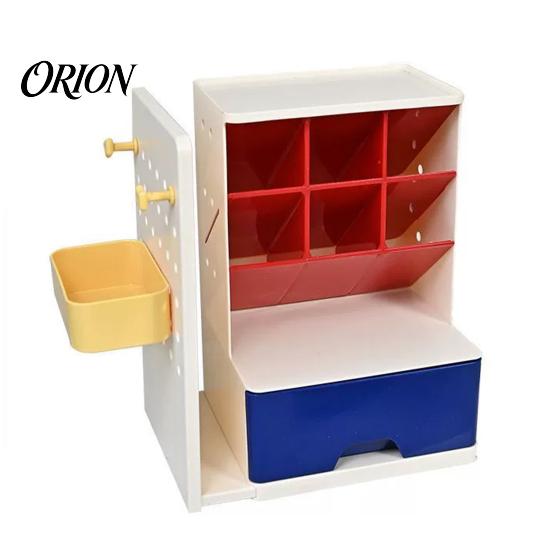 Compact Plastic Desk Shelf Pen Organizer with Retractable Bookends And Pegboard, Multi-Functional Angled Makeup Essential Classroom Organization