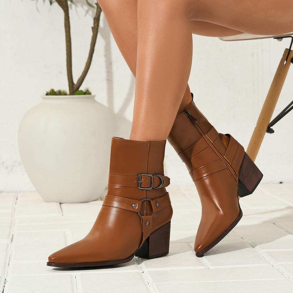 Supply Autumn and Winter Fashion High Heel Belt Buckle Large Size Pointed Thick Heel Western Boots