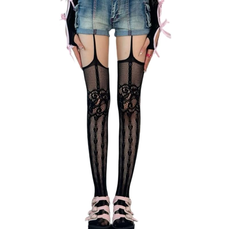 Women Subculture Fishnet Mesh Thigh High Stockings Sweet Heart Patterned Hollowed Garter Belt Pantyhose Suspender Tights