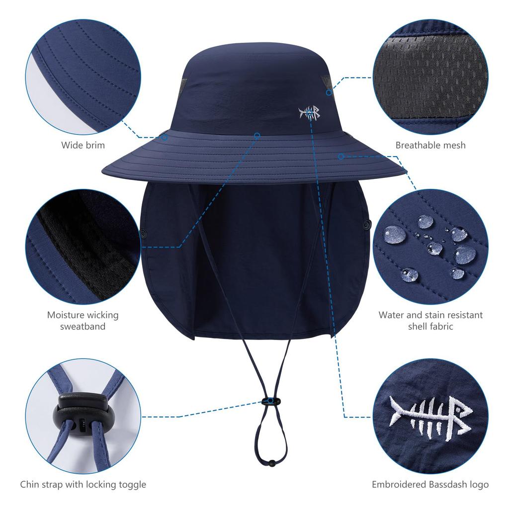 Bassdash Foldable Fishing Hat with 360° Sun Protection, 3-Way Protection, UPF 50+ Water-Repellent, Unisex Outdoor Hat (Dark Blue)