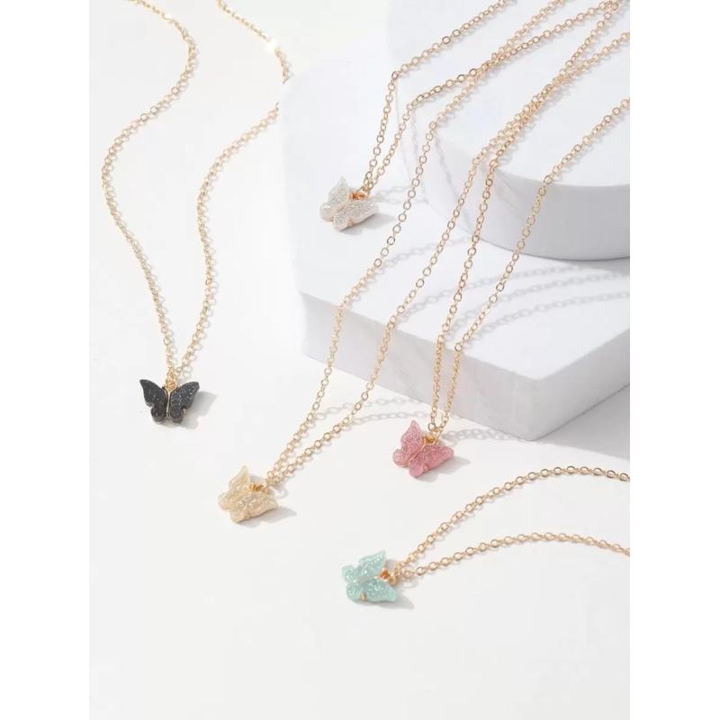 5pcs Fashionable Minimalist Chain Cute Glitter Butterfly Pendant Necklace Set For Women, Versatile Daily Accessory