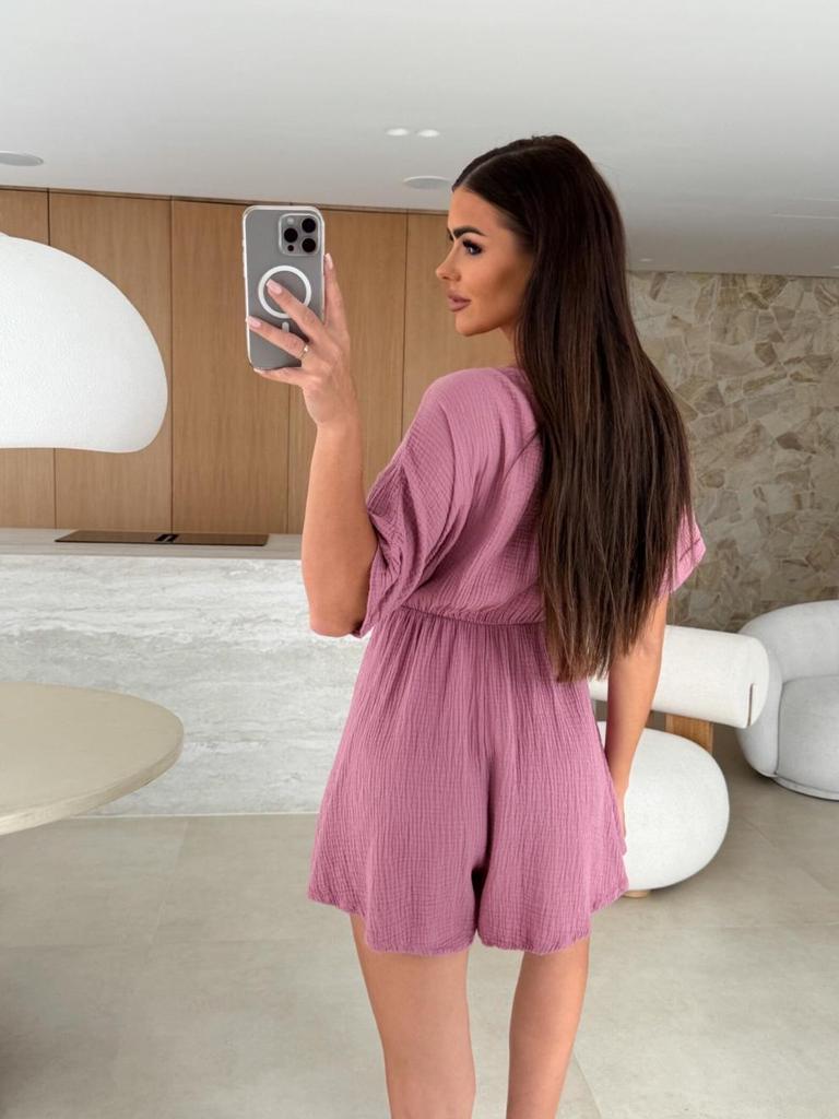 2025 Neuer Sommer tiefer V-Ausschnitt Kurzarm Taillenraffung Jumpsuit Shorts