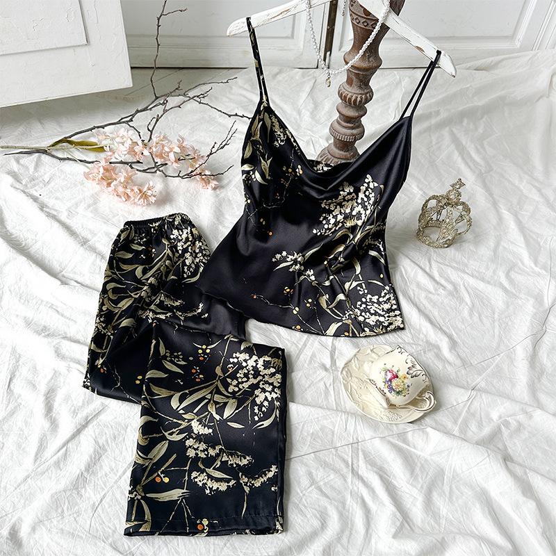 Sexy Pajama Two-Piece Set Camisole Tops Pants Loungewear Women Pijamas Suit Soft Print Flower Suspenders Sleepwear Outside