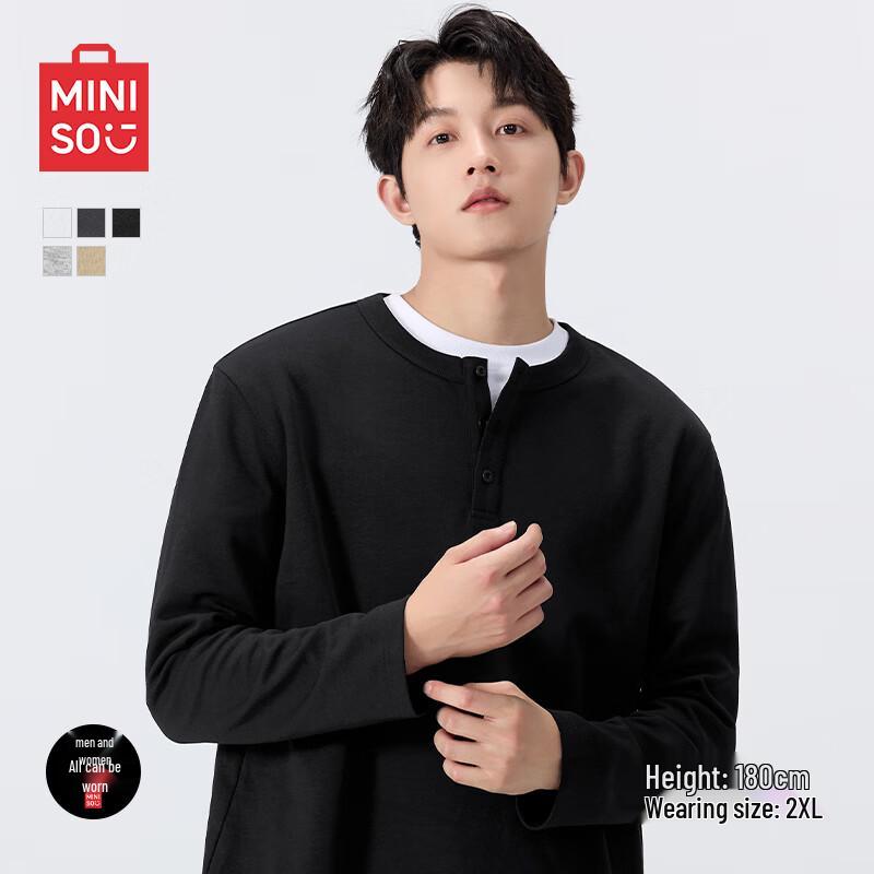 MINISO Men's American Retro Henley Long Sleeve Tee