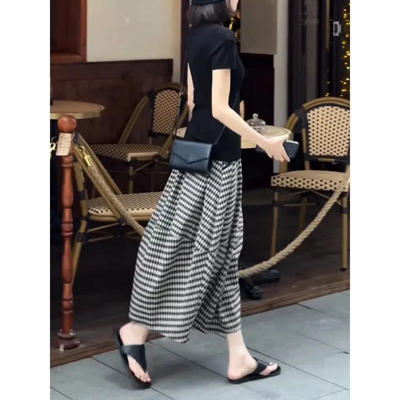 Klassischer Damen Sommer Neuer Elastischer Bund Kordelzug Knospe Temperament Karierter Rock