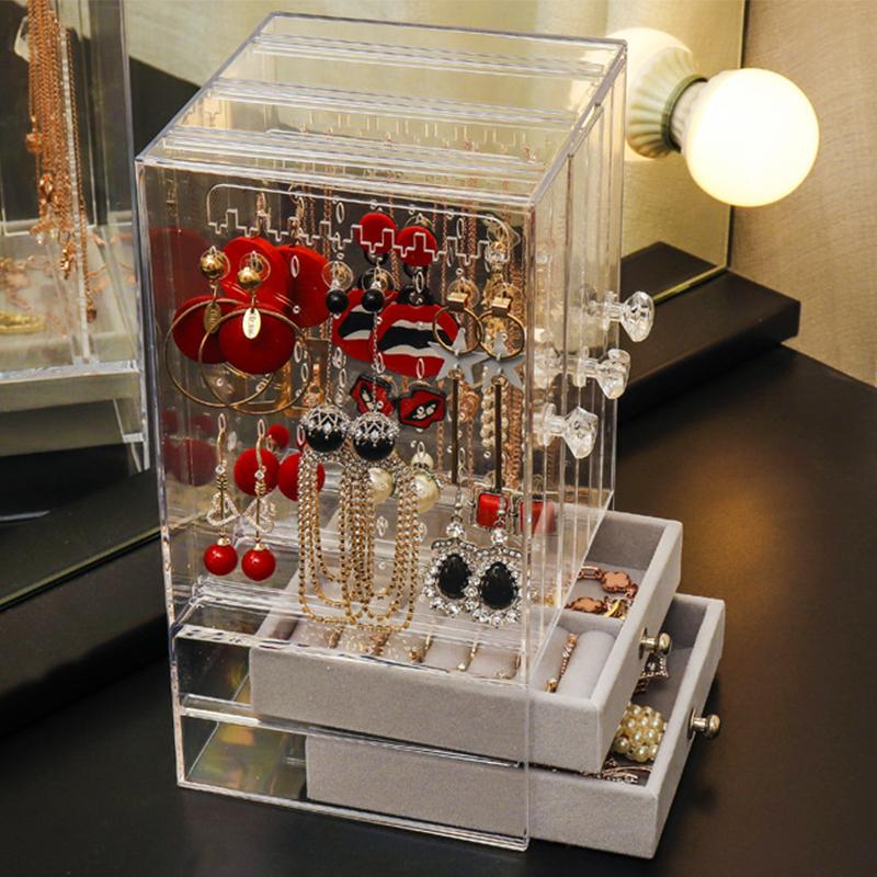 

A Clear Earring And Necklace Display Case, Vintage Plastic Storage Case With Drawers For Bracelets, Rings And Accessories as the picture