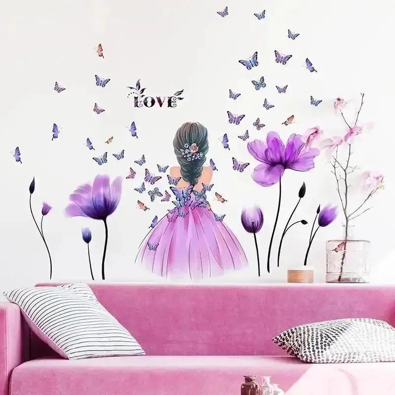 New Flower Butterfly Girl Wall Stickers Home Room Creative Decoration Self Adhesive Mural Stickers Children's Room Wallpaper
