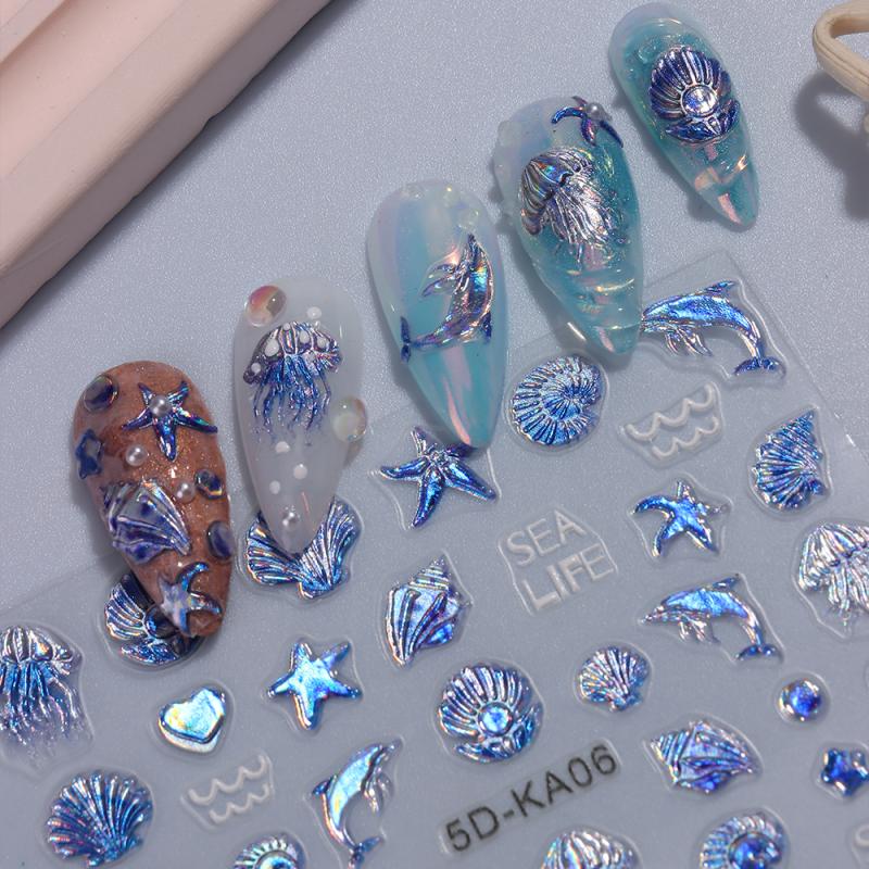 Embossed Jellyfish Shell Ocean Nail Art Sticker Self Adhesive Marine Life Whale Nail Decals Manicure Diy Supplies Nails Slider