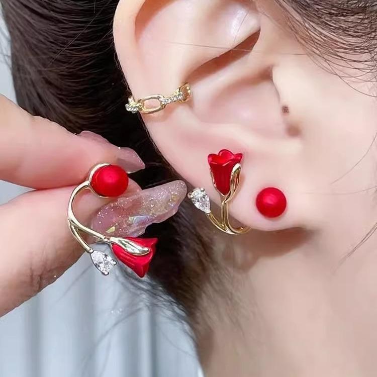 

111 серебряных игл, многовариантные красные серьги-тюльпаны, новое серьги-гвоздики с жемчугом, серьги-цветы. 925 silver needle красный