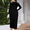 Women's Fashion Plus Size Solid Color V Neck Long Sleeve Velvet Sheath Dress Sexy Pleated