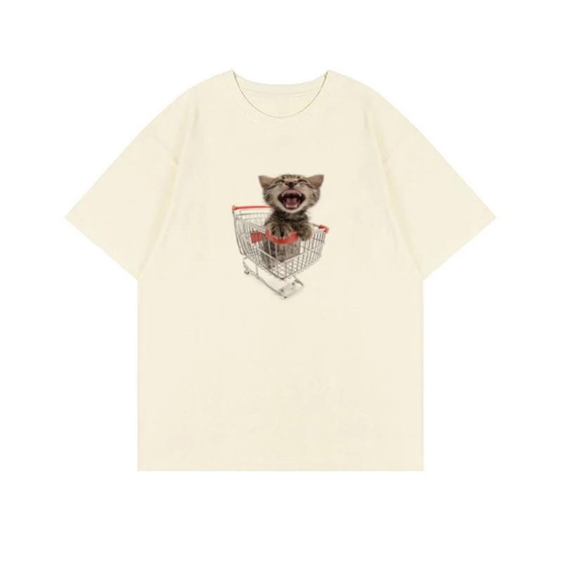 Top Style Noble Cat Love Music T-shirt Cute Cat Print Short Sleeve T-shirt Men's Harajuku Fashion Couple Loose Street Style Y2K
