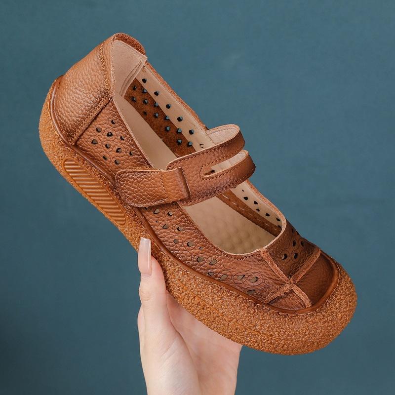 Women’s Genuine Leather Comfort Flats Hollow Mary Jane Shoes Lightweight Soft Hook Loop Nurse Shoes Woman Strap Moccasin