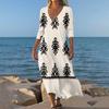Dresses For Womens Vintage Print Tunic Waisted Midi Dress Summer Casual 3/4 Sleeve Dress