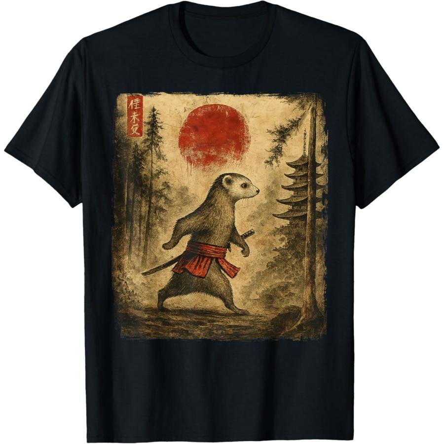 Самурайский Хорёк Японская Чернильная Живопись Красное Солнце Укиё-э Забавная Футболка XXXXXL чёрный