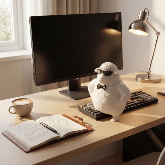 Cute Cool Sheep Figurine 3D Printed Small Lamb with Sunglasses And Bow Necktie Novelty Animal Sculpture for Home Office Desk Decor