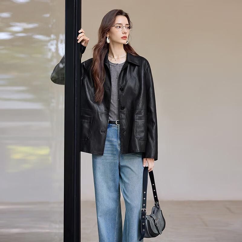 

Женская куртка из ПУ кожи с лацканами, однобортная L