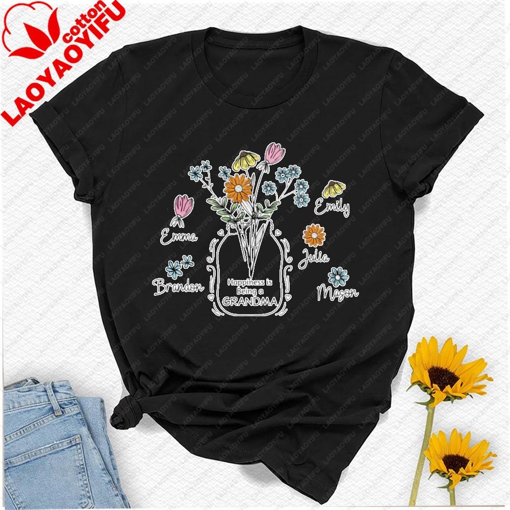 Custom Floral Grandma Nana Cotton TShirt with Grandkids Name Gift for Grandma Mothers Day Tee Personalized Grandma Shirt Tops
