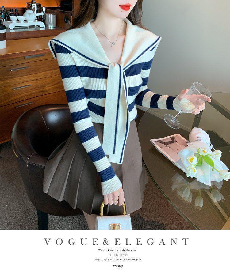 Navy Striped Collar Sweater Women’s Autumn/Winter 2025 College Style Slim Fit Knitwear