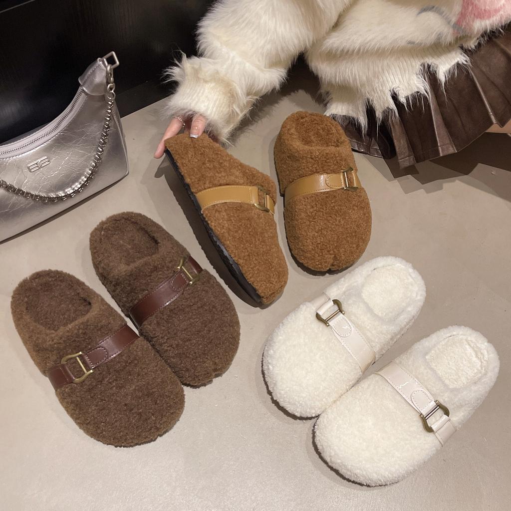 Internet Celebrities Popular White Flat Bottom Fluffy Slippers Women's 2025 New Autumn and Winter Outer Wear Heightened Soft Bottom Cotton Slippers