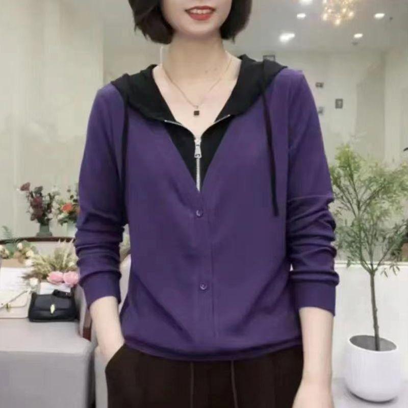 Spring Autumn Fake Two Pieces Casual Fashion Hoodies Women Patchwork All-match Zipper Pullover Hooded Top