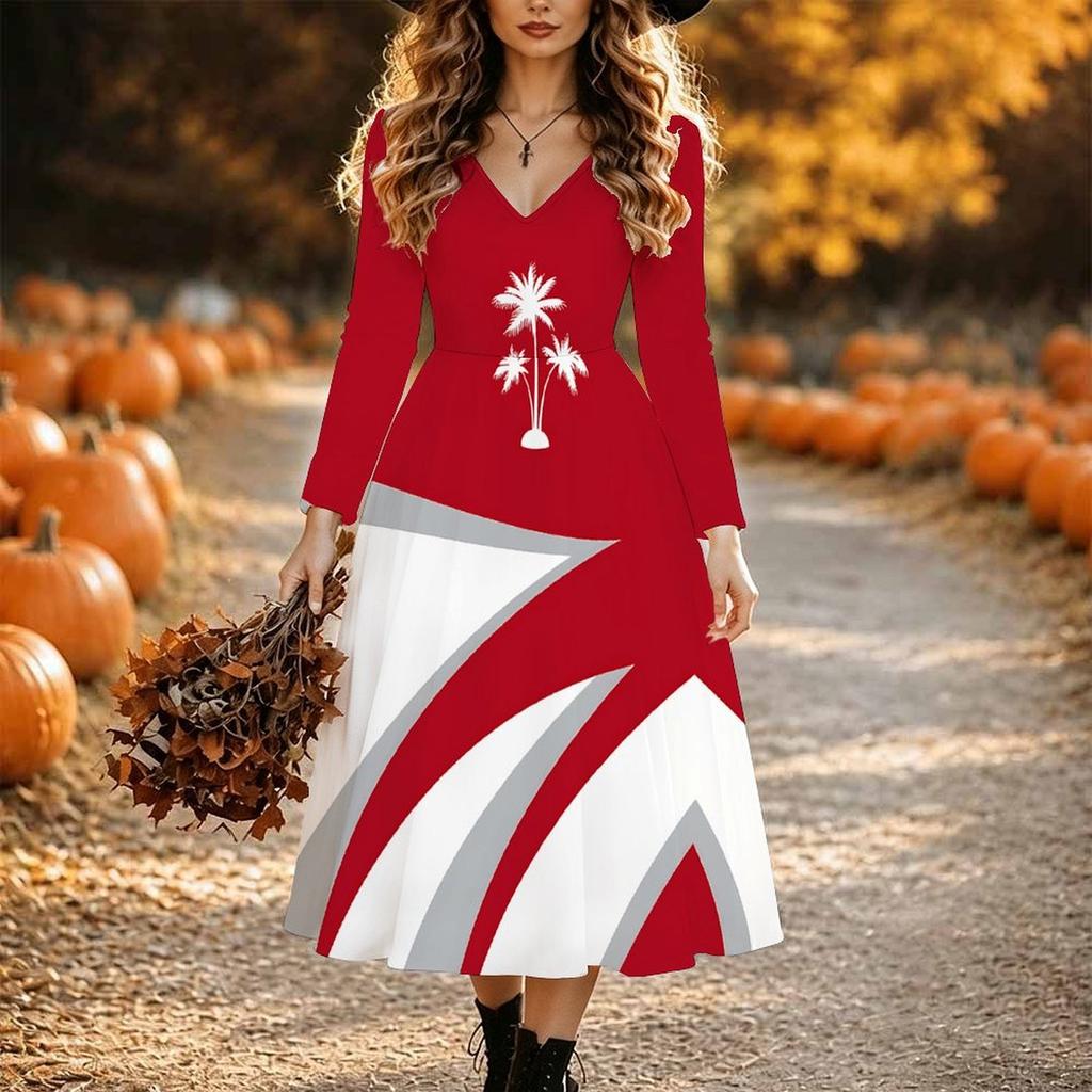 Halloween Women's Gradient Solid Print Midi Dress A Line Dress Vacation Casual Daily Regular Fit  Long Sleeve V Neck Black  Spring Fall