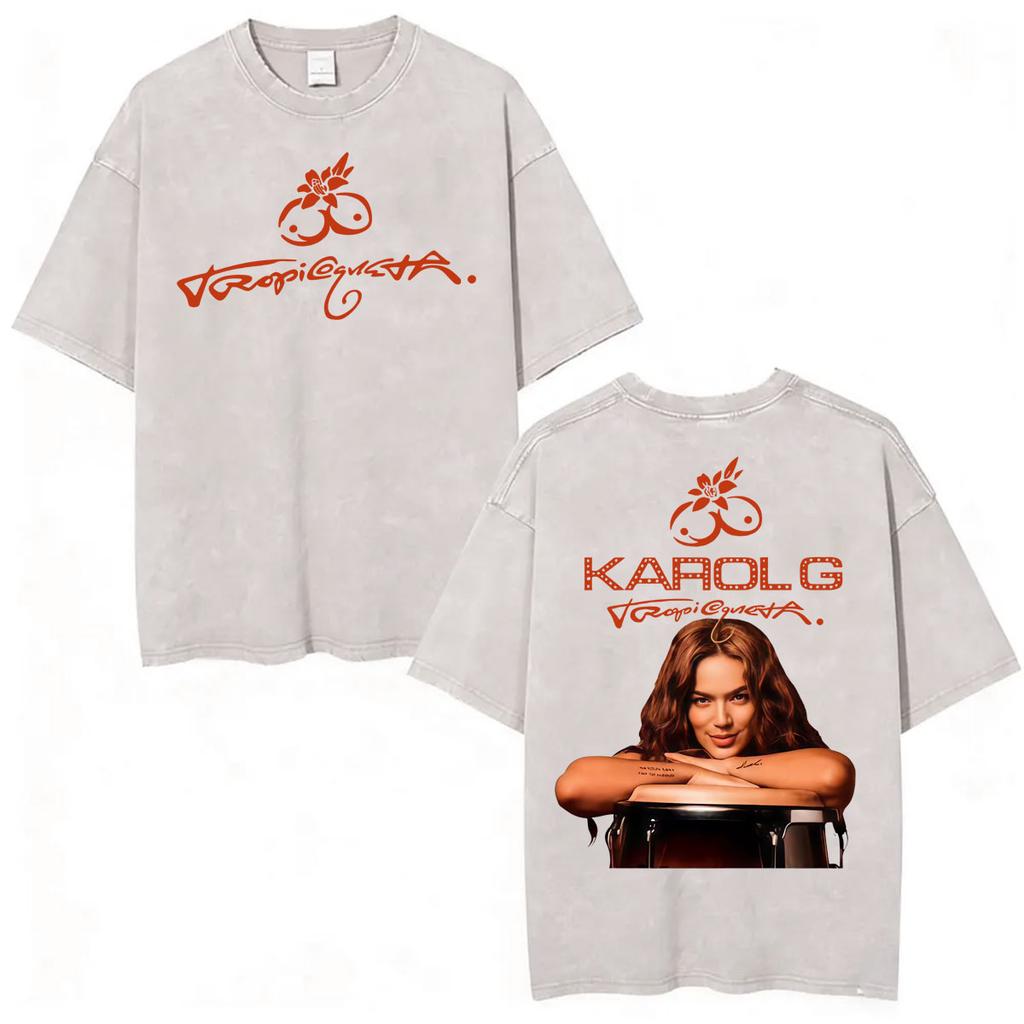 Karol G Tropicoqueta Tour New Album Vintage Washed T Shirts Men Women Fashion Aesthetic Tshirt Casual Cotton Loose T Shirt