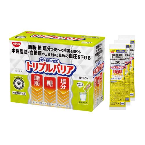 [.co.jp Exclusive] Nissin Foods Triple Barrier Psyllium Green Apple Flavor (30 sticks per box) + 3 sweet lemon flavor sticks. Helps reduce fat, sugar,