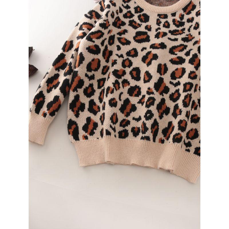 Export round Neck Leopard Print Long Sleeve Knitwear Women's Fall and Winter New Arrival Loose Thick Bottoming Shirt Tops