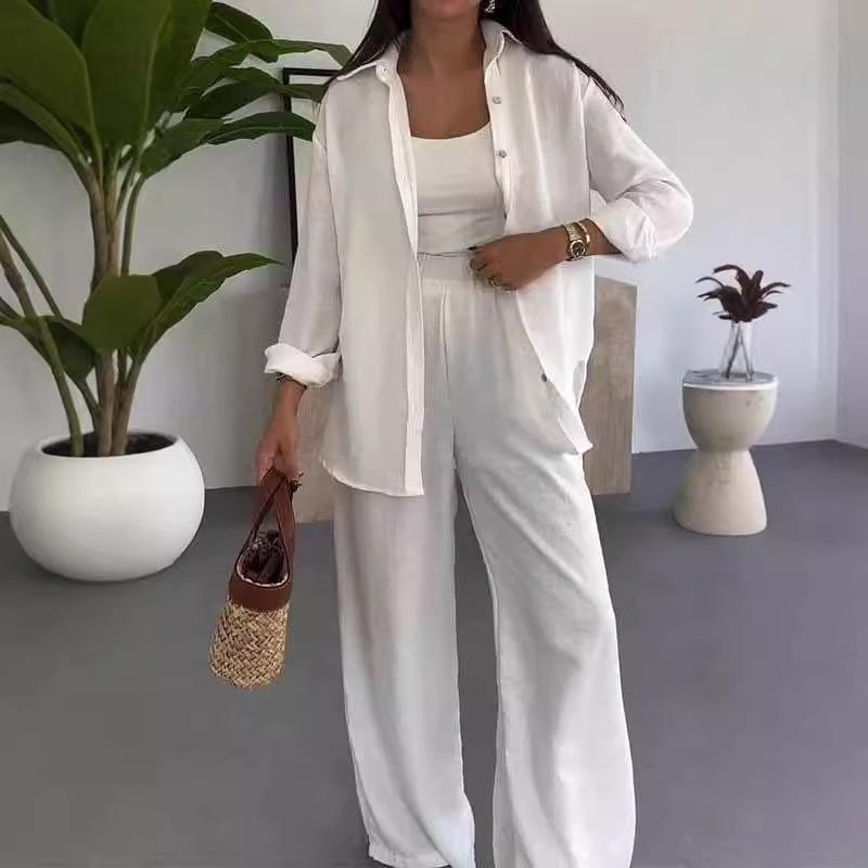 European and American Women Clothes Fashion Solid Loose Top Casual Wide-Leg Pants Two-piece Set Casual Two-Piece Set