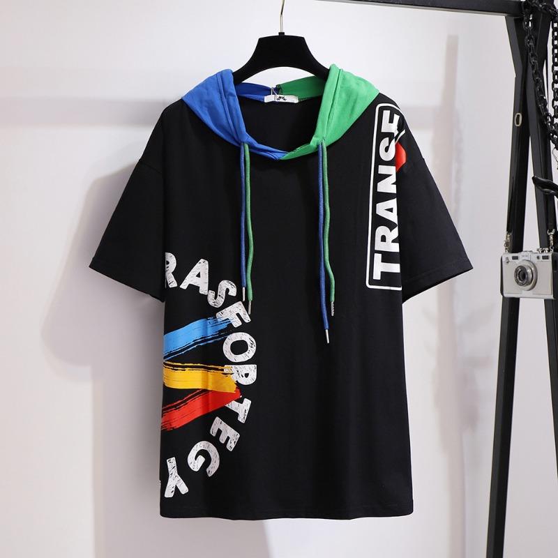 

Женская футболка больших размеров, летние свободные топы с капюшоном и короткими рукавами с принтом 6XL