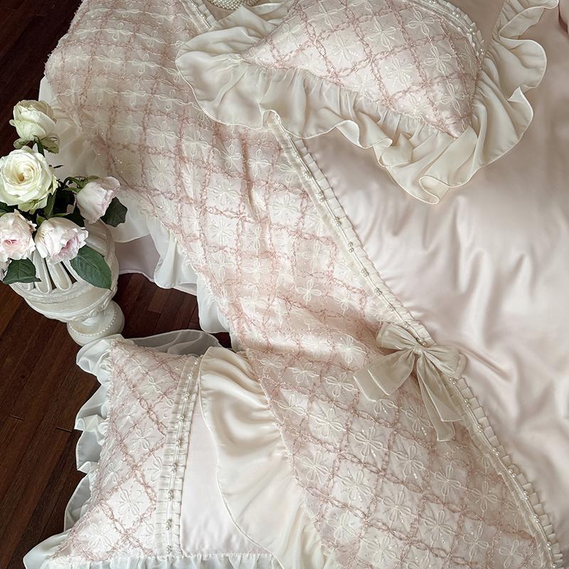 Princess Style Lace Ruffles Bow Bedding Set Lyocell Soft Silky Cool Feeling Duvet Cover Bed Sheet/Fitted Sheet Pillowcases 4Pcs