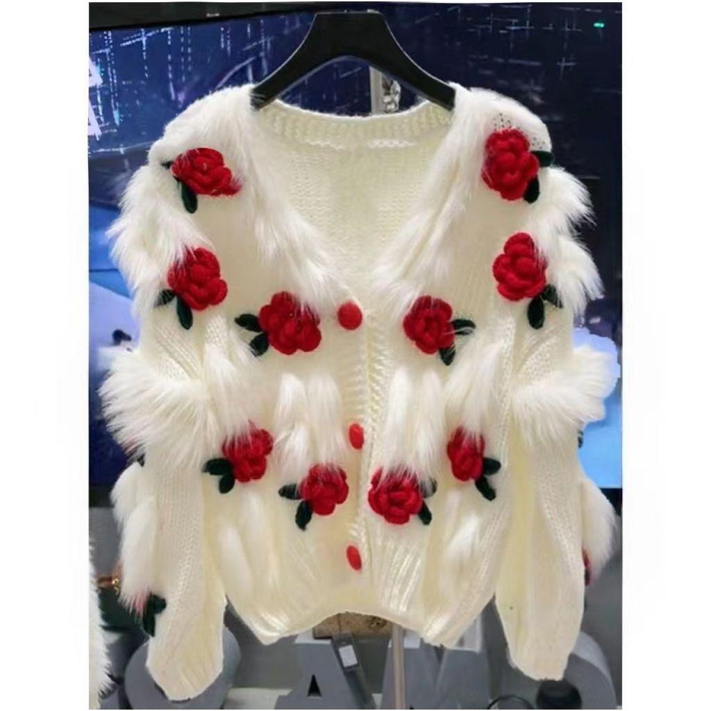Women's Sweet Rose Blossoms Hook Flower Rose Blossoms Sweater Autumn Female Loose Splicing Hairy Rose Blossoms Top