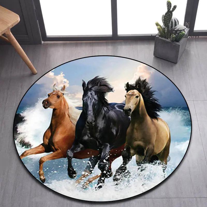 3D Running Horses Round Carpet Non-slip Mat Luxury Wild Horse Area Rug for Game Room Bedroom Decoration